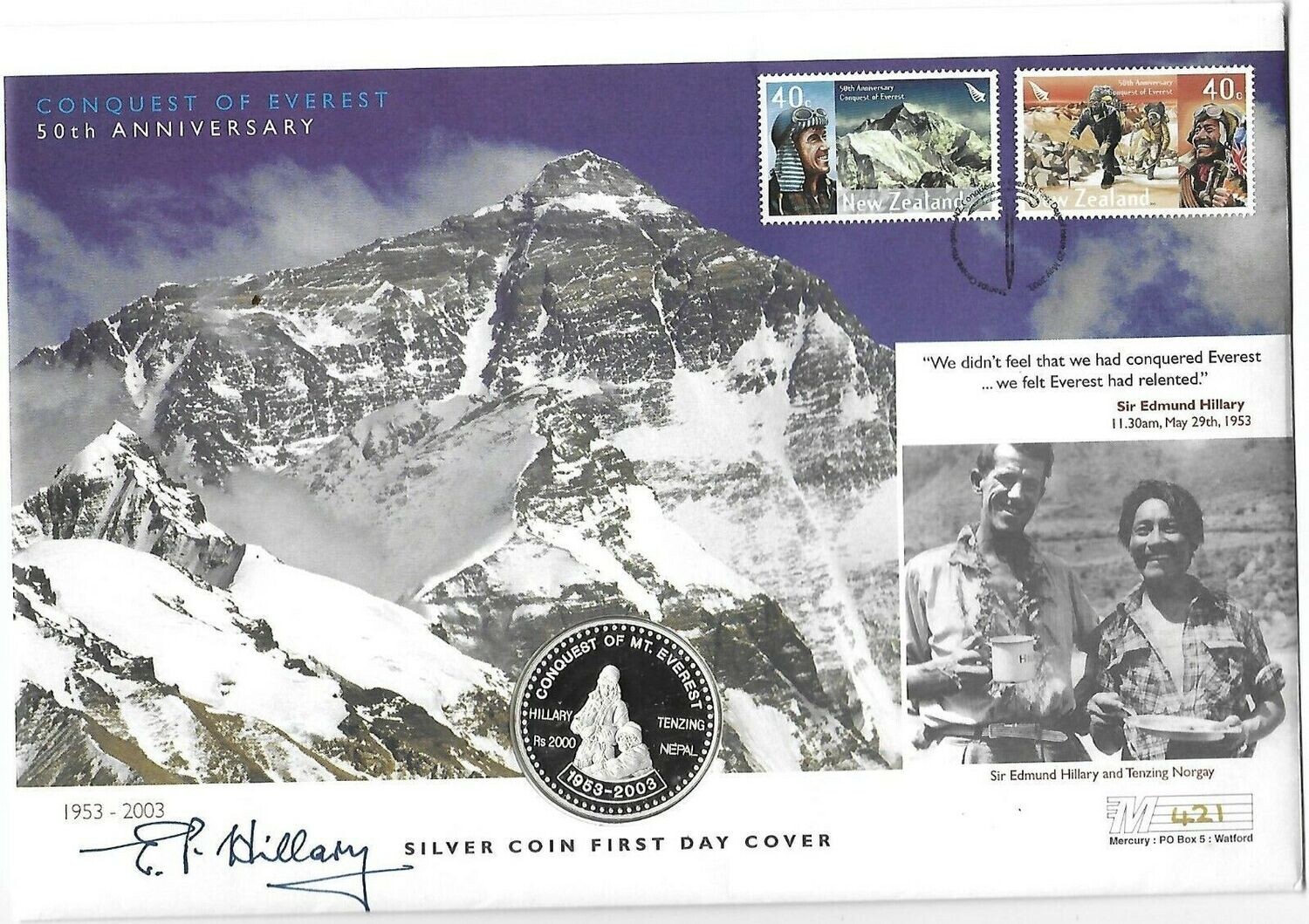 2003 Nepal Ascent of Everest 50th Anniversary 2000 Rupees Silver Proof 1oz Coin - Includes Signature of Edmund Hillary 2003 Nepal Ascent of Everest 50th Anniversary 2000 Rupees Silver Proof 1oz Coin - Includes Signature of Edmund Hillary