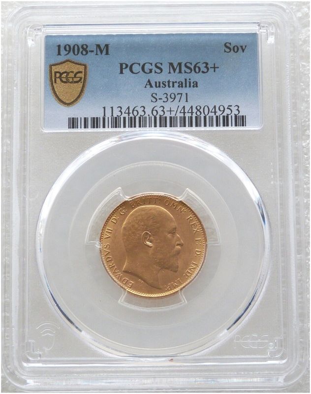 1908-M Australia Melbourne Edward VII Full Sovereign Gold Coin PCGS MS63+ 1908-M Australia Melbourne Edward VII Full Sovereign Gold Coin PCGS MS63+