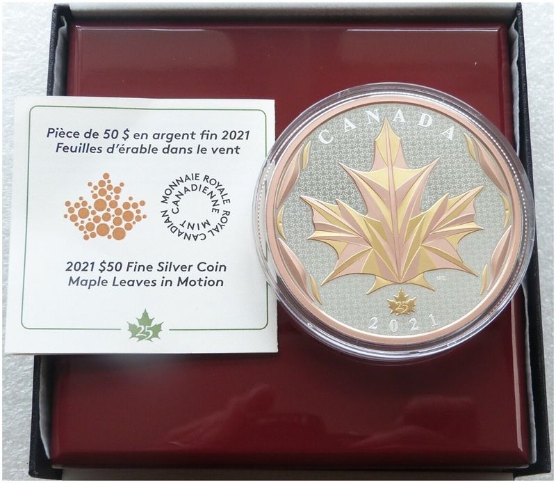 2021 Canada Maple Leaf in Motion $50 Silver Gold Proof 5oz Coin Box Coa 2021 Canada Maple Leaf in Motion $50 Silver Gold Proof 5oz Coin Box Coa
