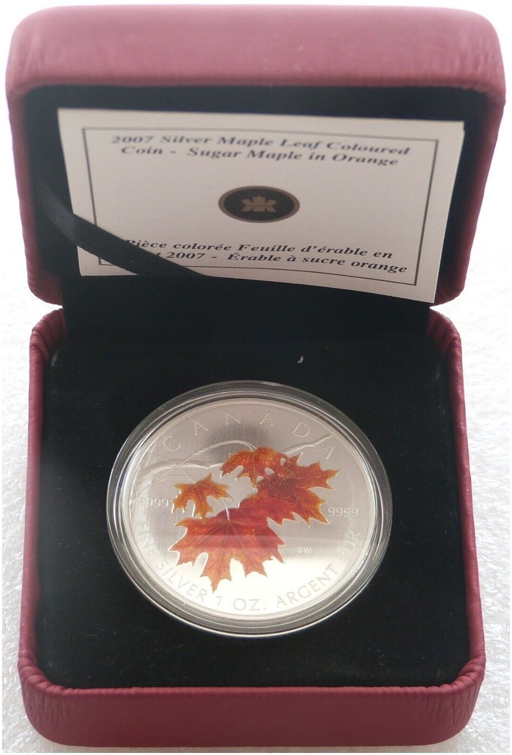2007 Canada Maple Leaf Colour $5 Silver 1oz Coin Box Coa