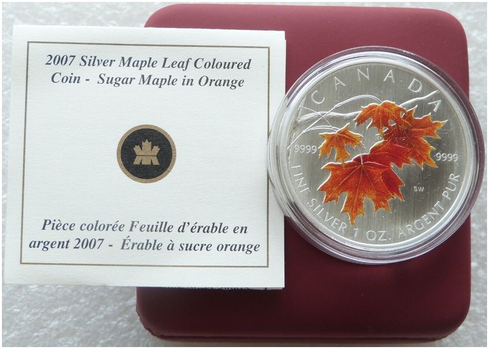 2007 Canada Maple Leaf Colour $5 Silver 1oz Coin Box Coa