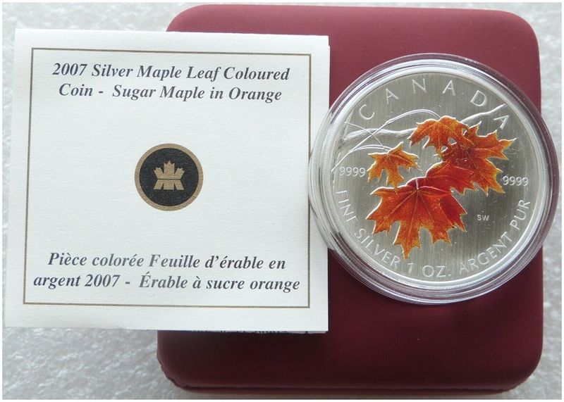 2007 Canada Maple Leaf Colour $5 Silver 1oz Coin Box Coa