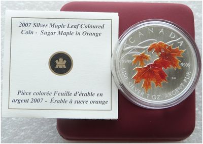 2007 Canada Maple Leaf Colour $5 Silver 1oz Coin Box Coa