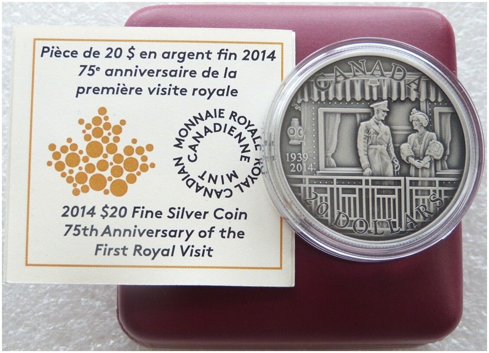 2014 Canada First Royal Visit 75th Anniversary $20 Silver Antique 1oz Coin Box Coa 2014 Canada First Royal Visit 75th Anniversary $20 Silver Antique 1oz Coin Box Coa