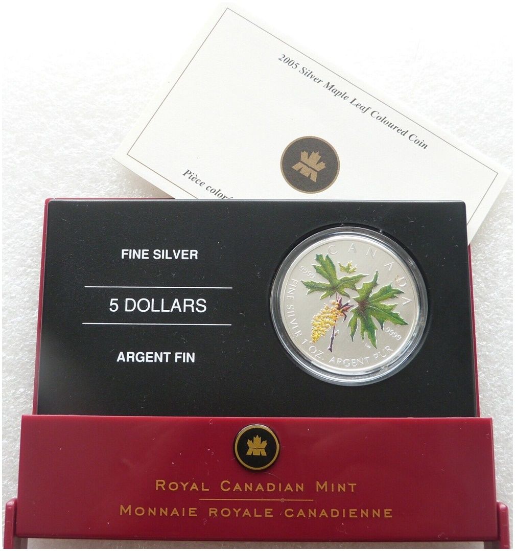 2005 Canada Maple Leaf Colour $5 Silver 1oz Coin Box Coa