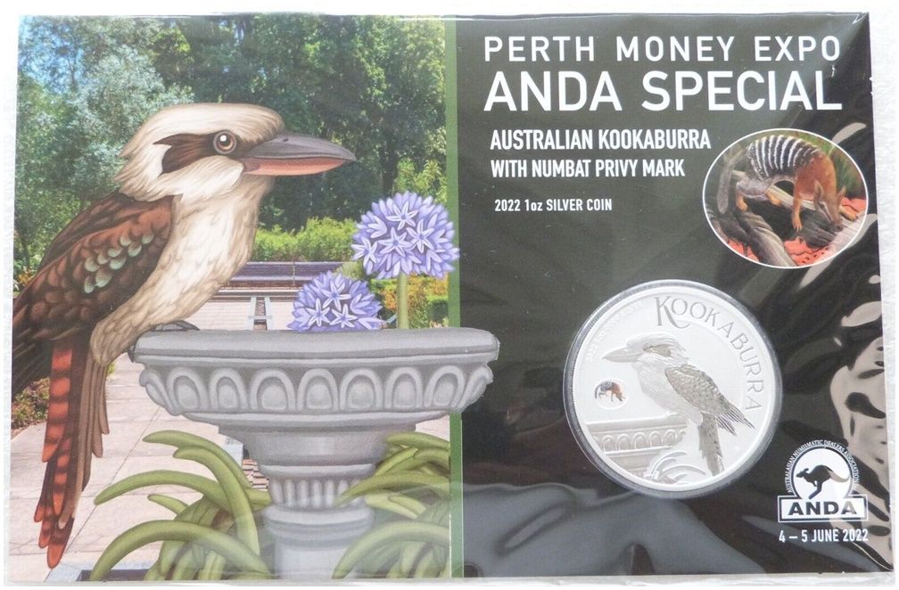2022 Australia Perth Money Expo ANDA Kookaburra Numbat Privy Mark $1 Silver 1oz Coin Pack
