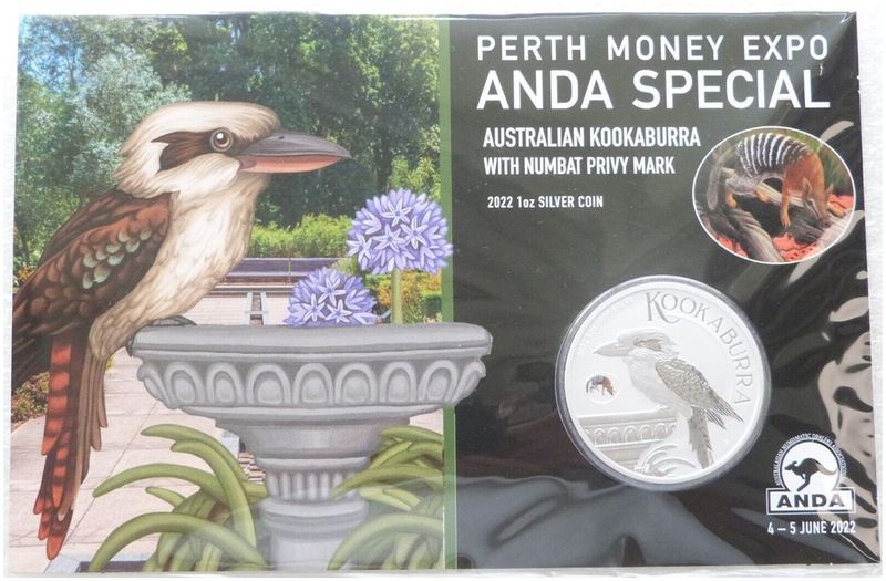 2022 Australia Perth Money Expo ANDA Kookaburra Numbat Privy Mark $1 Silver 1oz Coin Pack