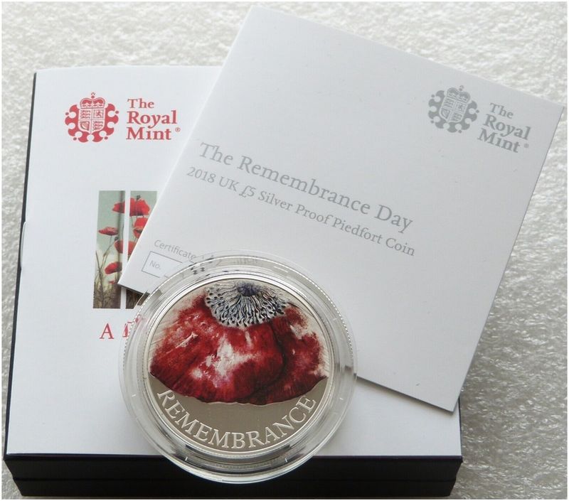 2018 Remembrance Day Poppy Piedfort £5 Silver Proof Coin Box Coa