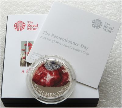 2018 Remembrance Day Poppy Piedfort £5 Silver Proof Coin Box Coa