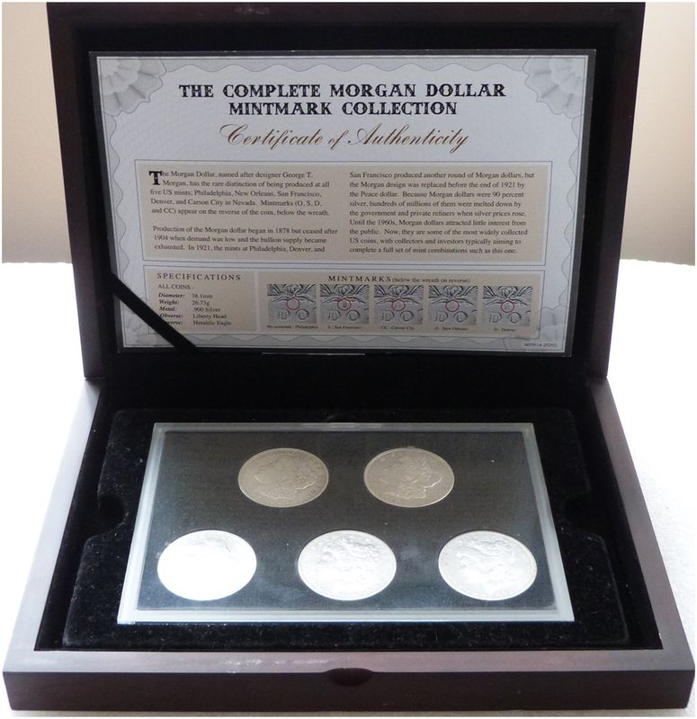 American Morgan Dollar Mint Mark $1 Silver 5 Coin Set Box Coa American Morgan Dollar Mint Mark $1 Silver 5 Coin Set Box Coa