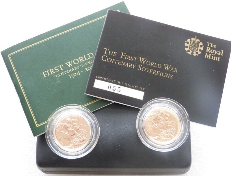 2014 - 1914 First World War Full Sovereign Gold 2 Coin Set Box Coa - Mintage 100