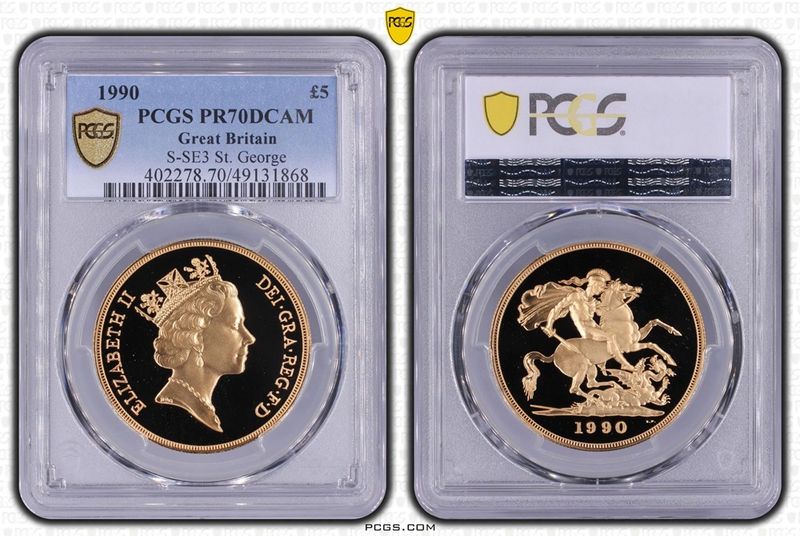 1990 St George and the Dragon £5 Five Pound Sovereign Gold Proof Coin PCGS PR70 DCAM