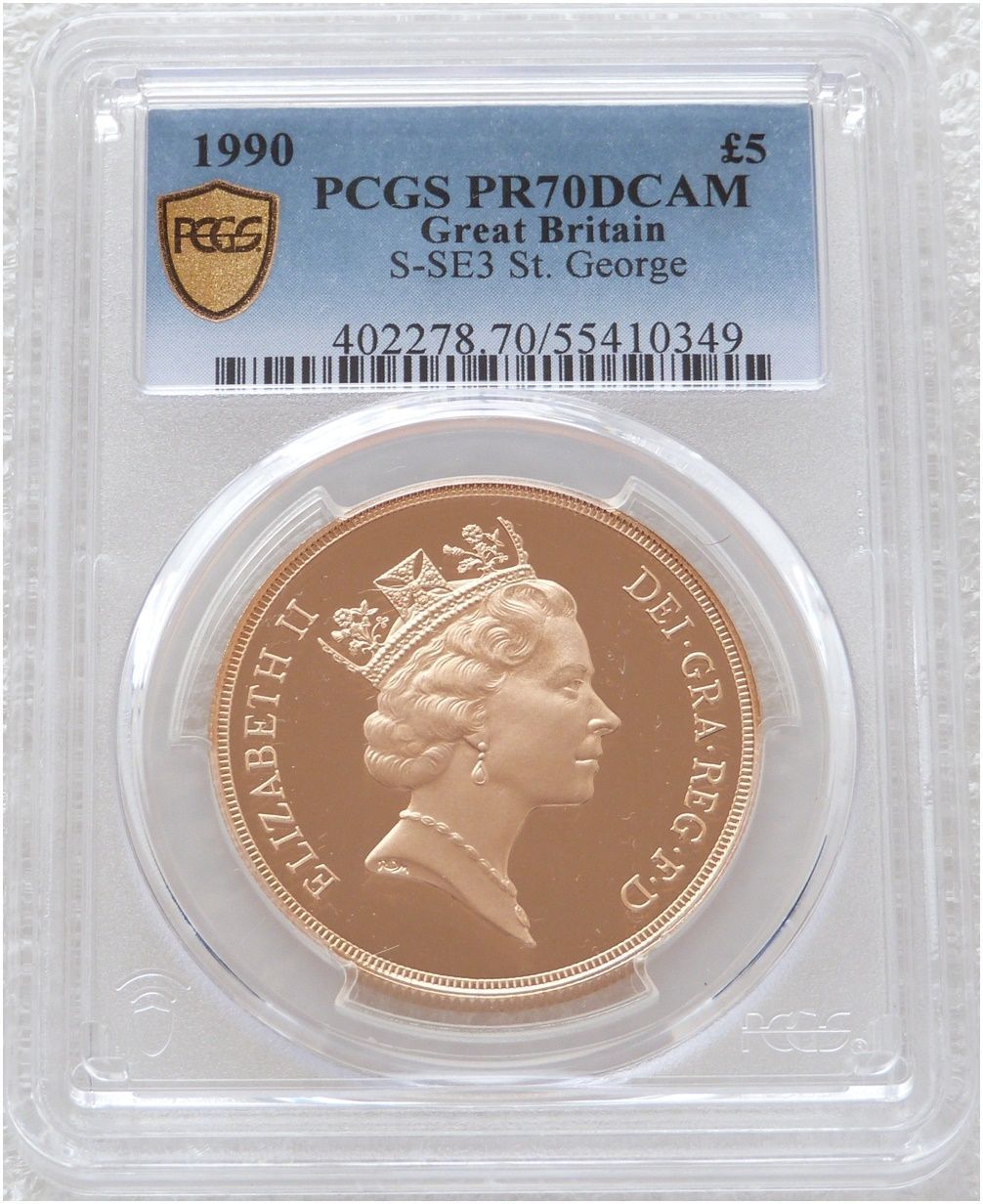 1990 St George and the Dragon £5 Five Pound Sovereign Gold Proof Coin PCGS PR70 DCAM 1990 St George and the Dragon £5 Five Pound Sovereign Gold Proof Coin PCGS PR70 DCAM