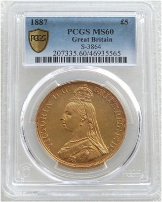 1887 Victoria Jubilee Head £5 Five Pound Sovereign Gold Coin PCGS MS60