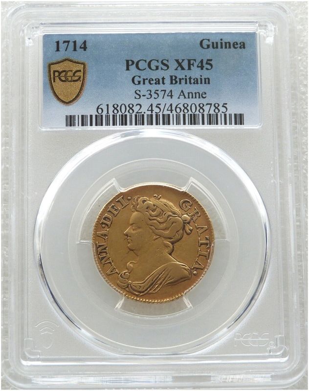 1714 Queen Anne Full Guinea Gold Coin PCGS XF45 1714 Queen Anne Full Guinea Gold Coin PCGS XF45