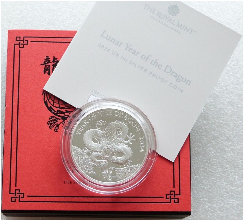 2024 British Lunar Dragon £2 Silver Proof 1oz Coin Box Coa 2024 British Lunar Dragon £2 Silver Proof 1oz Coin Box Coa
