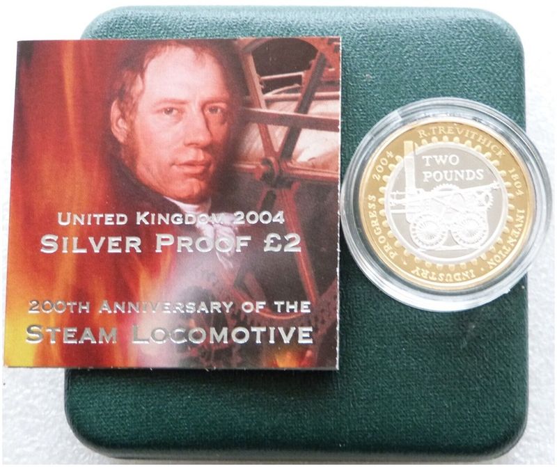 2004 Trevithick Steam Locomotive £2 Silver Proof Coin Box Coa 2004 Trevithick Steam Locomotive £2 Silver Proof Coin Box Coa