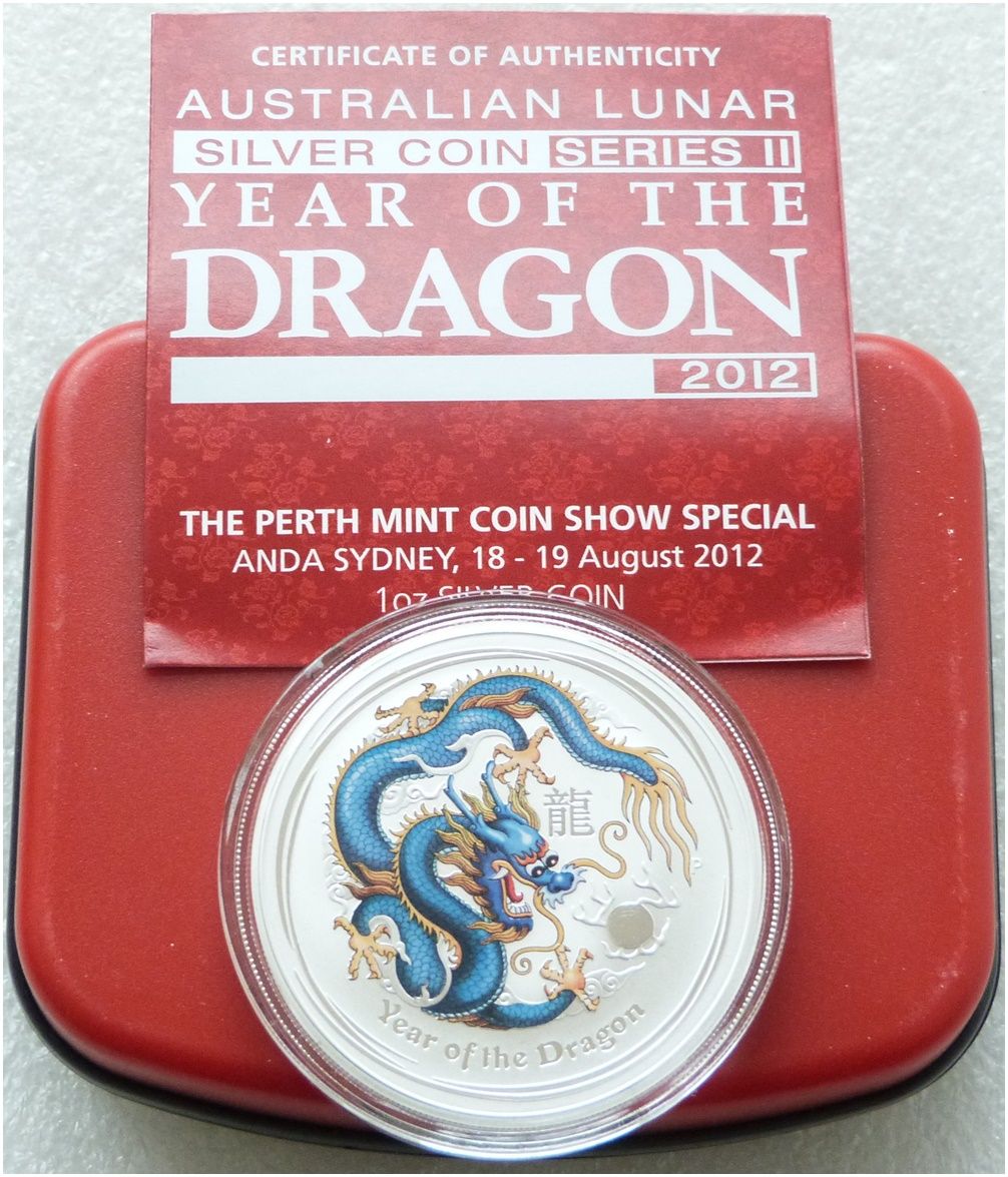 2012-P Australia Lunar Dragon ANDA Sydney Blue $1 Silver 1oz Coin Box Coa 2012-P Australia Lunar Dragon ANDA Sydney Blue $1 Silver 1oz Coin Box Coa