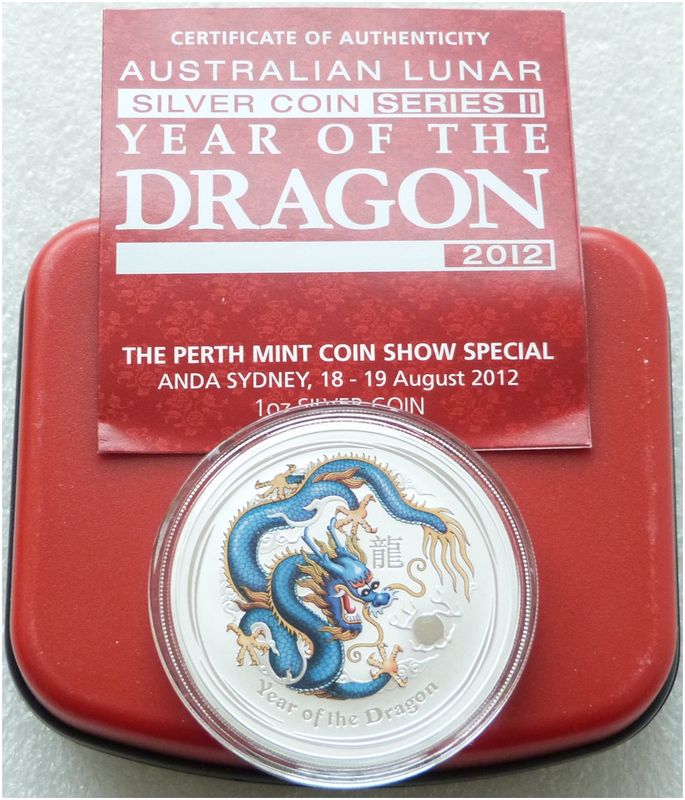 2012-P Australia Lunar Dragon ANDA Sydney Blue $1 Silver 1oz Coin Box Coa