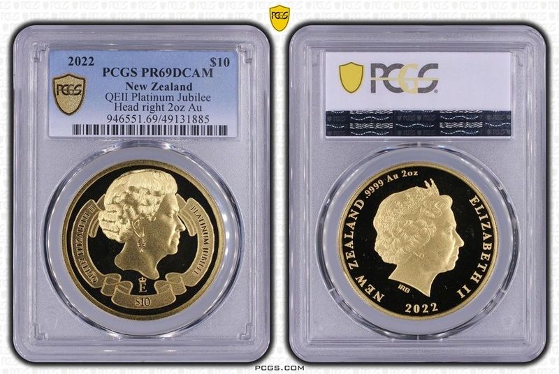 2022 New Zealand Platinum Jubilee $10 Gold Proof 2oz Coin PCGS PR69 DCAM 2022 New Zealand Platinum Jubilee $10 Gold Proof 2oz Coin PCGS PR69 DCAM