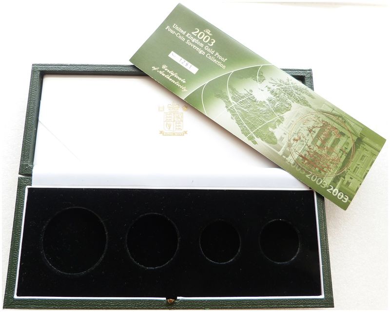 2003 Royal Mint Sovereign Gold Proof 4 Coin Set Box Coa No Coins 2003 Royal Mint Sovereign Gold Proof 4 Coin Set Box Coa No Coins