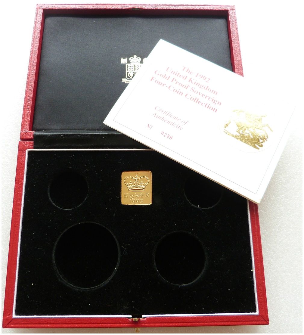 1992 Royal Mint Sovereign Gold Proof 4 Coin Set Box Coa No Coins 1992 Royal Mint Sovereign Gold Proof 4 Coin Set Box Coa No Coins