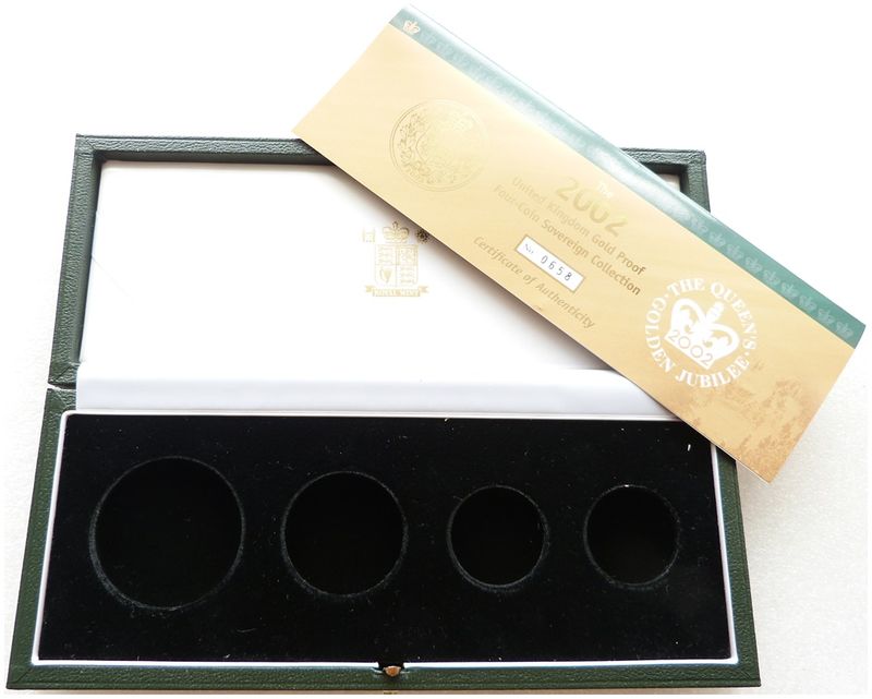 2002 Royal Mint Golden Jubilee Sovereign Gold Proof 4 Coin Set Box Coa No Coins 2002 Royal Mint Golden Jubilee Sovereign Gold Proof 4 Coin Set Box Coa No Coins