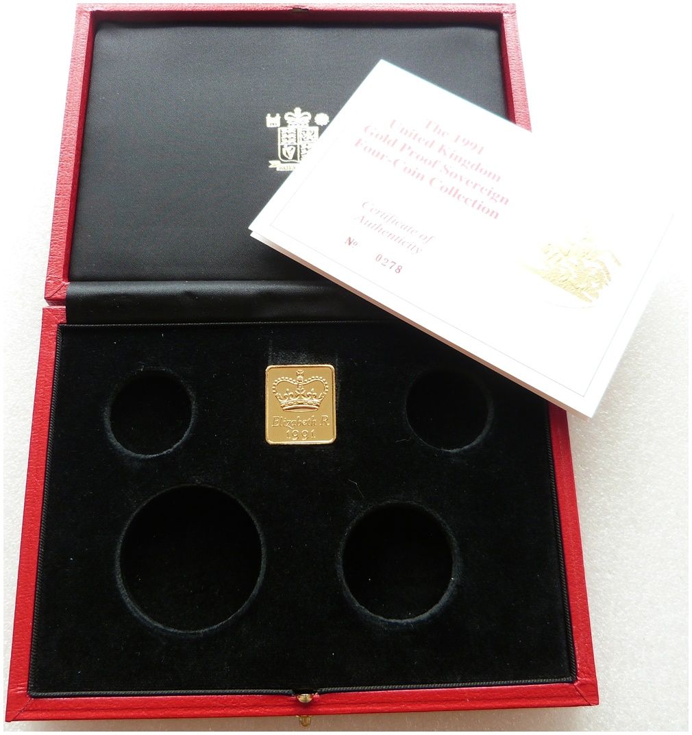 1991 Royal Mint Sovereign Gold Proof 4 Coin Set Box Coa No Coins 1991 Royal Mint Sovereign Gold Proof 4 Coin Set Box Coa No Coins