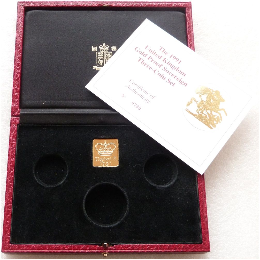 1991 Royal Mint Sovereign Gold Proof 3 Coin Set Box Coa No Coins