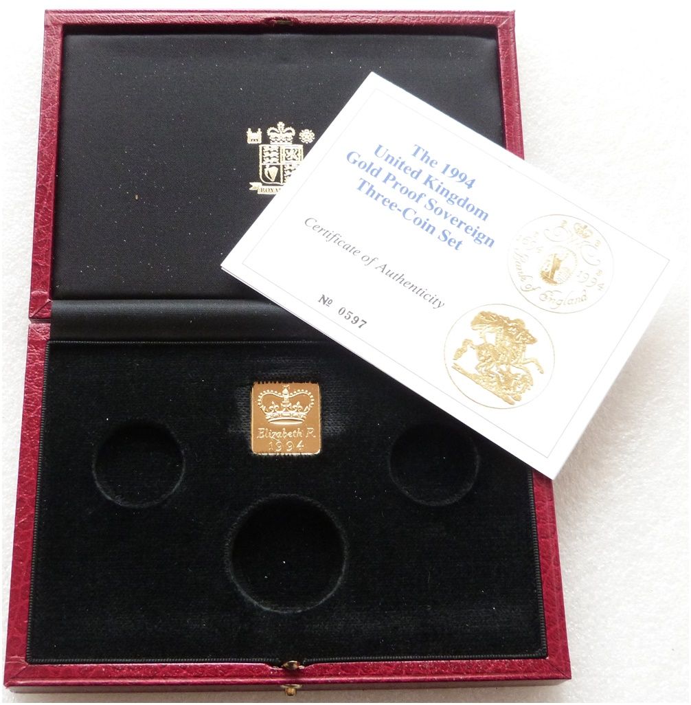 1994 Royal Mint Sovereign Gold Proof 3 Coin Set Box Coa No Coins 1994 Royal Mint Sovereign Gold Proof 3 Coin Set Box Coa No Coins