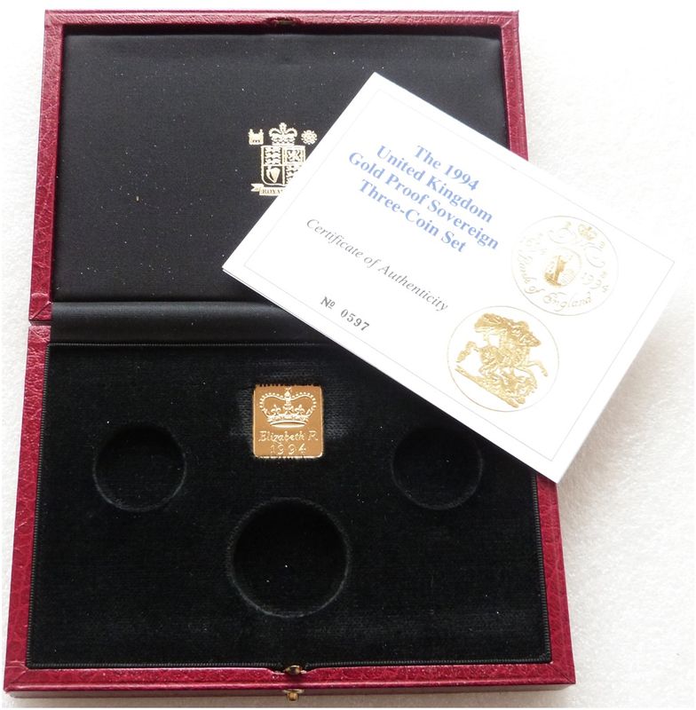1994 Royal Mint Sovereign Gold Proof 3 Coin Set Box Coa No Coins