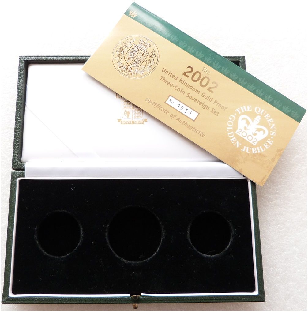 2002 Royal Mint Golden Jubilee Sovereign Gold Proof 3 Coin Set Box Coa No Coins 2002 Royal Mint Golden Jubilee Sovereign Gold Proof 3 Coin Set Box Coa No Coins