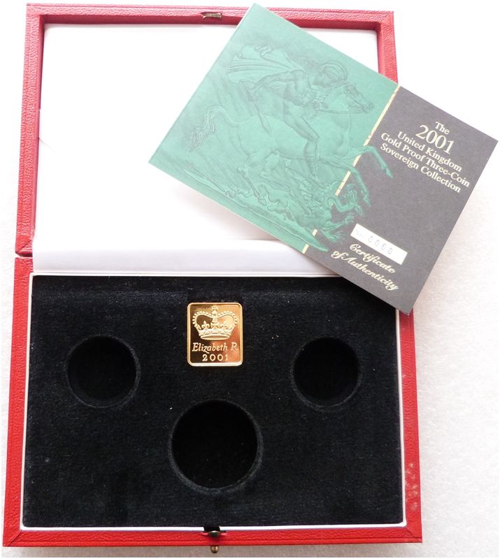 2001 Royal Mint Sovereign Gold Proof 3 Coin Set Box Coa No Coins