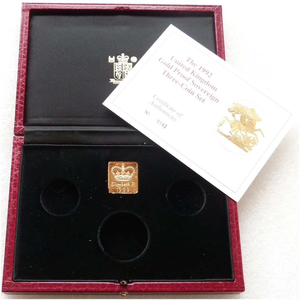 1992 Royal Mint Sovereign Gold Proof 3 Coin Set Box Coa No Coins 1992 Royal Mint Sovereign Gold Proof 3 Coin Set Box Coa No Coins