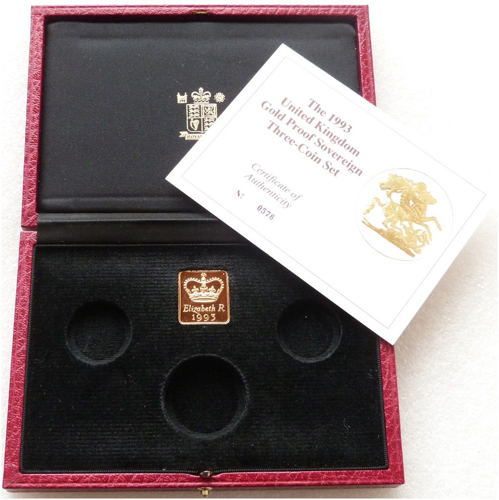 1993 Royal Mint Sovereign Gold Proof 3 Coin Set Box Coa No Coins 1993 Royal Mint Sovereign Gold Proof 3 Coin Set Box Coa No Coins