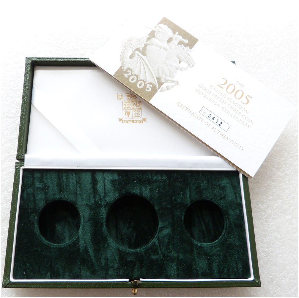 2005 Royal Mint Sovereign Gold Proof 3 Coin Set Box Coa No Coins 2005 Royal Mint Sovereign Gold Proof 3 Coin Set Box Coa No Coins