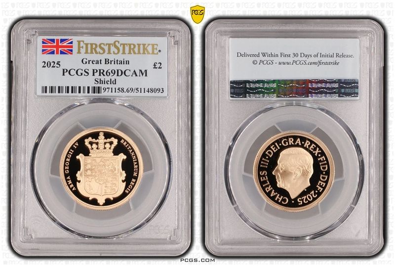 2025 Royal Arms £2 Double Sovereign Gold Proof Coin PCGS PR69 DCAM First Strike