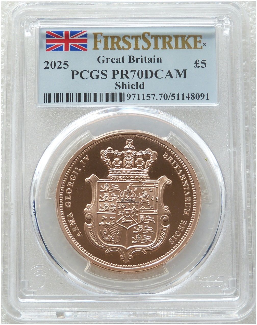 2025 Royal Arms £5 Five Pound Sovereign Gold Proof Coin PCGS PR70 DCAM First Strike