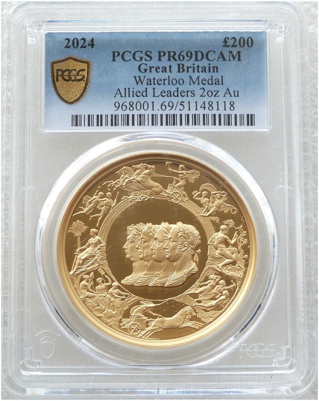 2024 Great Engravers Pistrucci Waterloo Medal £200 Gold Proof 2oz Coin PCGS PR69 DCAM