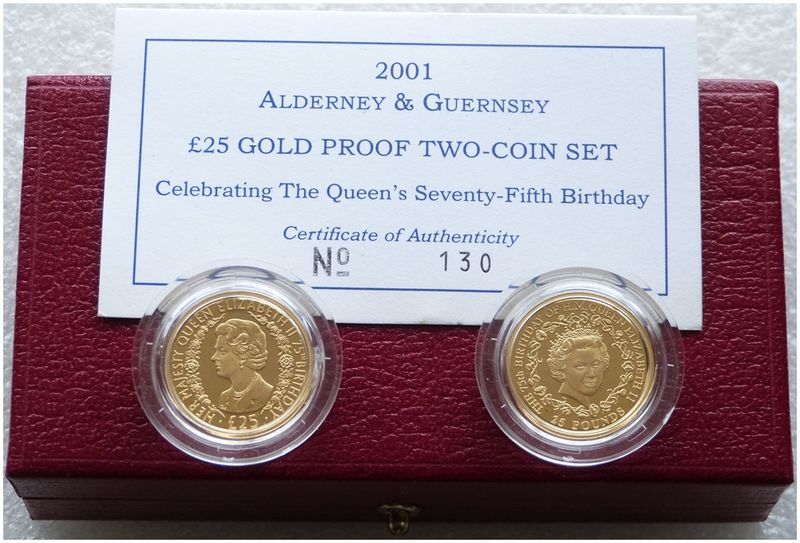 2001 Queen's 75th Birthday £25 Gold Proof 2 Coin Set Box Coa