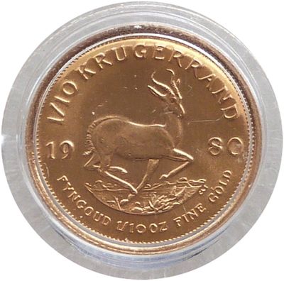 1980 South Africa Tenth Krugerrand Gold 1/10oz Coin 1980 South Africa Tenth Krugerrand Gold 1/10oz Coin