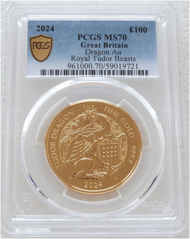 2024 Royal Tudor Beasts Tudor Dragon £100 Gold 1oz Coin PCGS MS70