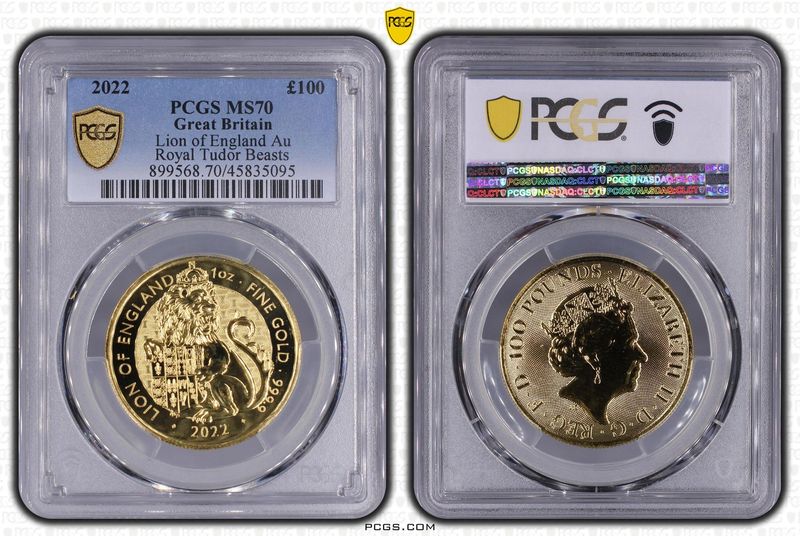 2022 Royal Tudor Beasts Lion of England £100 Gold 1oz Coin PCGS MS70 2022 Royal Tudor Beasts Lion of England £100 Gold 1oz Coin PCGS MS70