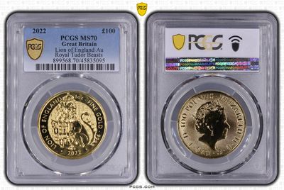 2022 Royal Tudor Beasts Lion of England £100 Gold 1oz Coin PCGS MS70 2022 Royal Tudor Beasts Lion of England £100 Gold 1oz Coin PCGS MS70