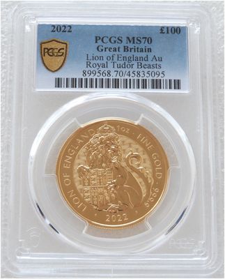2022 Royal Tudor Beasts Lion of England £100 Gold 1oz Coin PCGS MS70 2022 Royal Tudor Beasts Lion of England £100 Gold 1oz Coin PCGS MS70