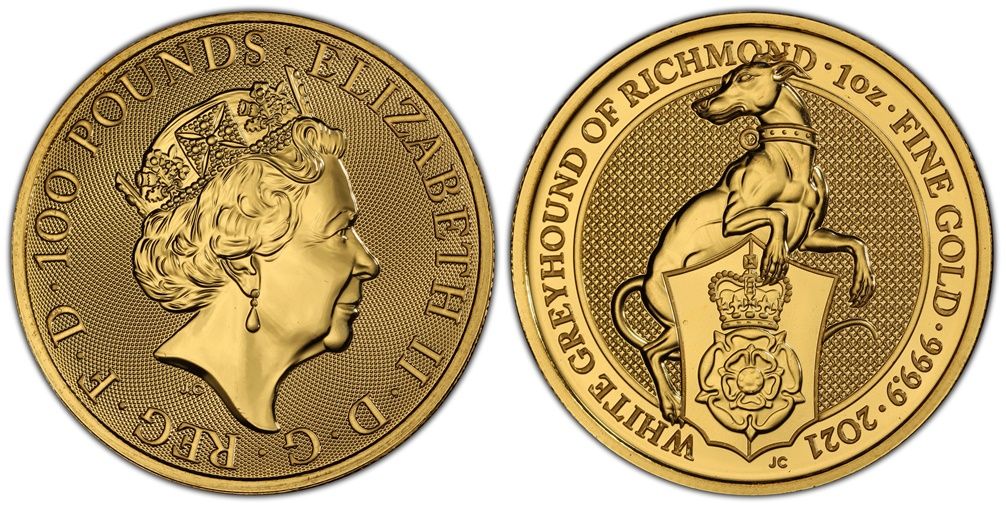 2021 Queen's Beasts White Greyhound of Richmond £100 Gold 1oz Coin PCGS MS70