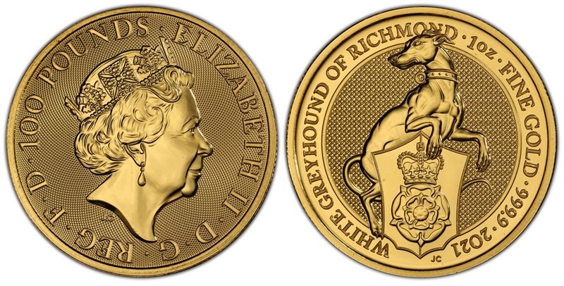 2021 Queen's Beasts White Greyhound of Richmond £100 Gold 1oz Coin PCGS MS70
