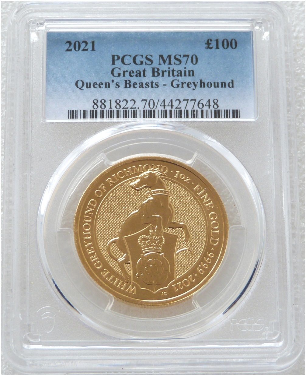 2021 Queen's Beasts White Greyhound of Richmond £100 Gold 1oz Coin PCGS MS70 2021 Queen's Beasts White Greyhound of Richmond £100 Gold 1oz Coin PCGS MS70