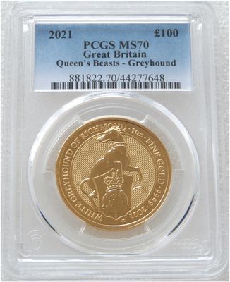 2021 Queen's Beasts White Greyhound of Richmond £100 Gold 1oz Coin PCGS MS70