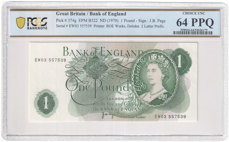 1970 - 1977 Bank of England J B Page Green £1 One Pound Banknote Choice Uncirculated 64 PPQ